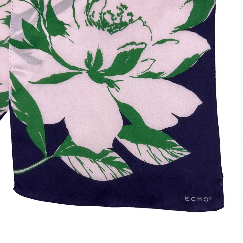 Vtg Echo Silk Scarf Women 11x51 Navy Green White Floral Oblong Scarflette Preppy